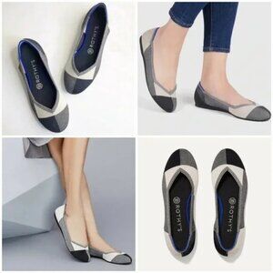 ROTHY'S THE FLAT ROUND CAP TOE BLACK/IVORY BUFFALO PLAID BALLET FLATS SHOES 6.5